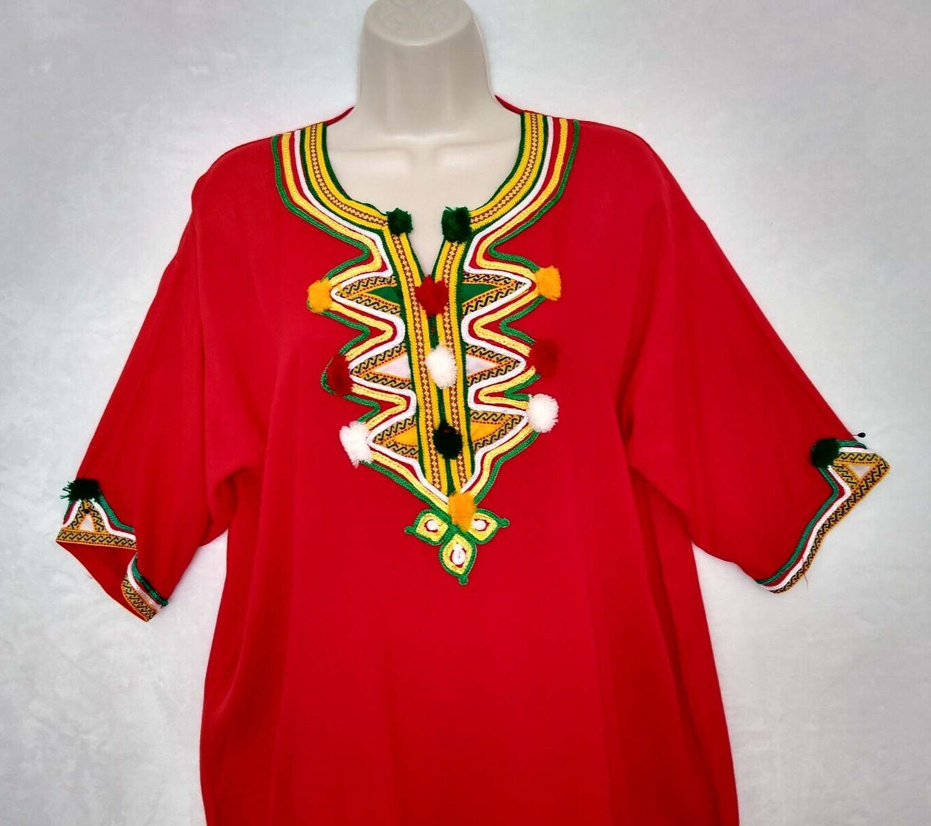 Moroccan Kaftan Gandoura Berber Clothes Handmade Dress Bohemian Red Ribbon Women