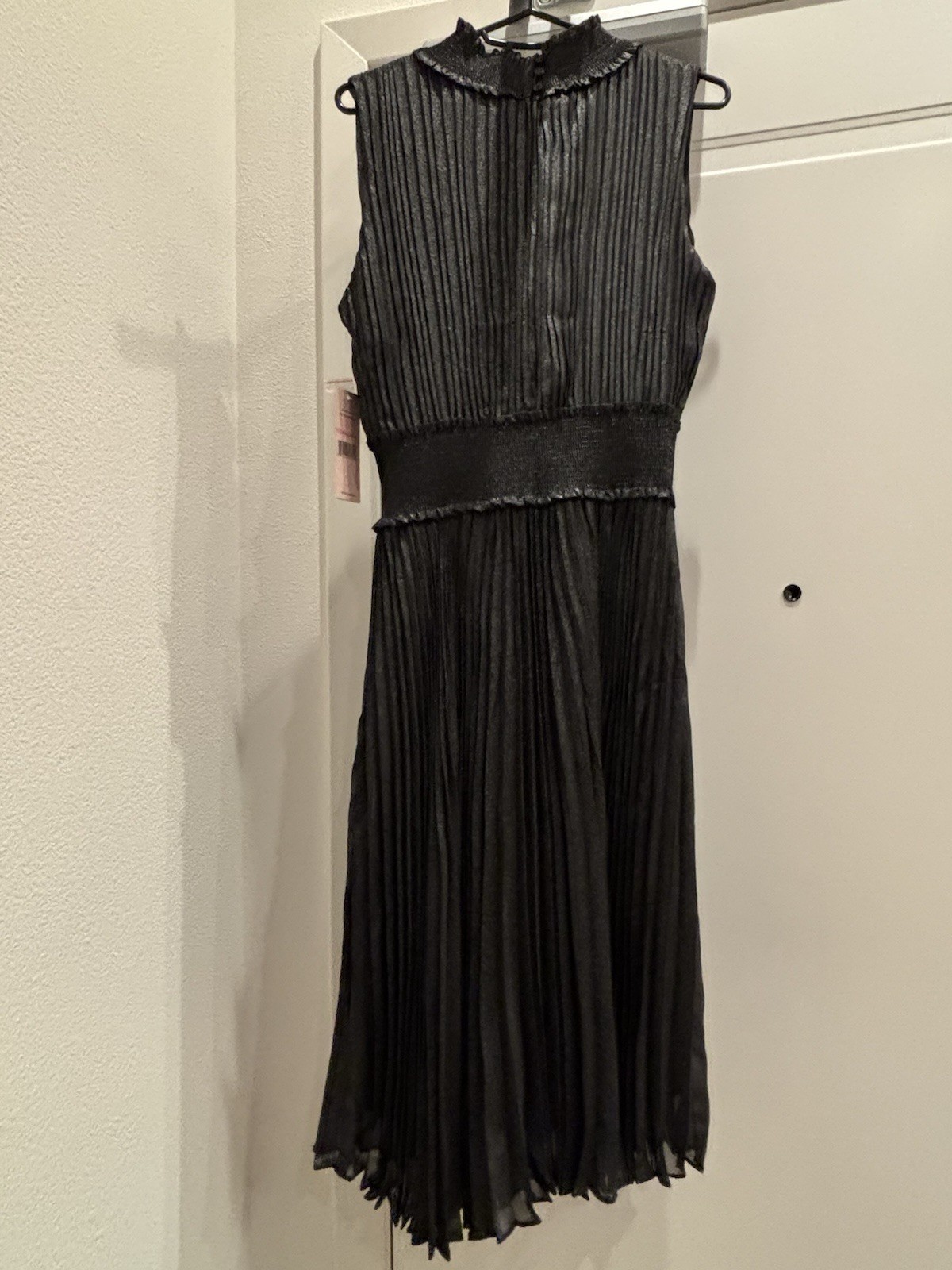 Nanette Lepore Black Silver Pleated Ruffle A-Line Sleeveless Midi Dress Size 10
