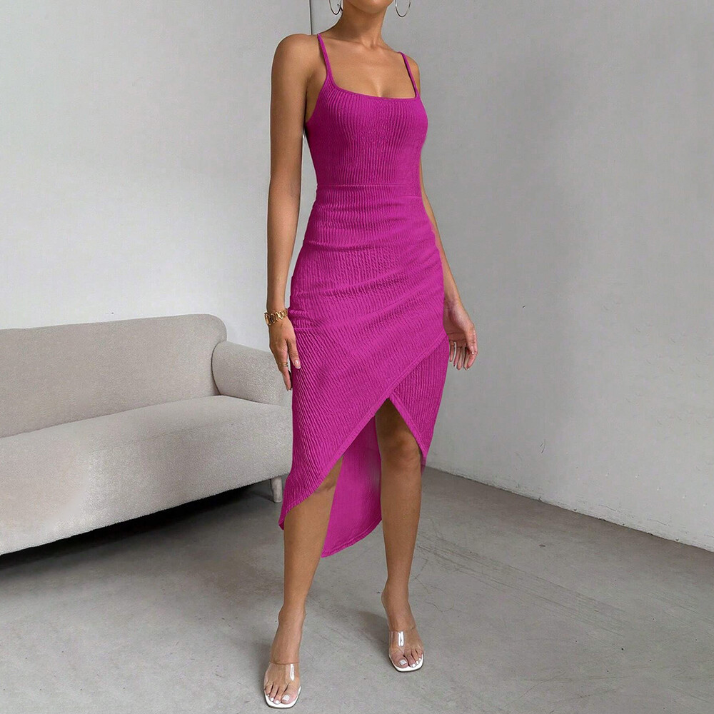Women Sleeveless Square Neck Bodycon Dress Ladies Strappy Party Split Dresses
