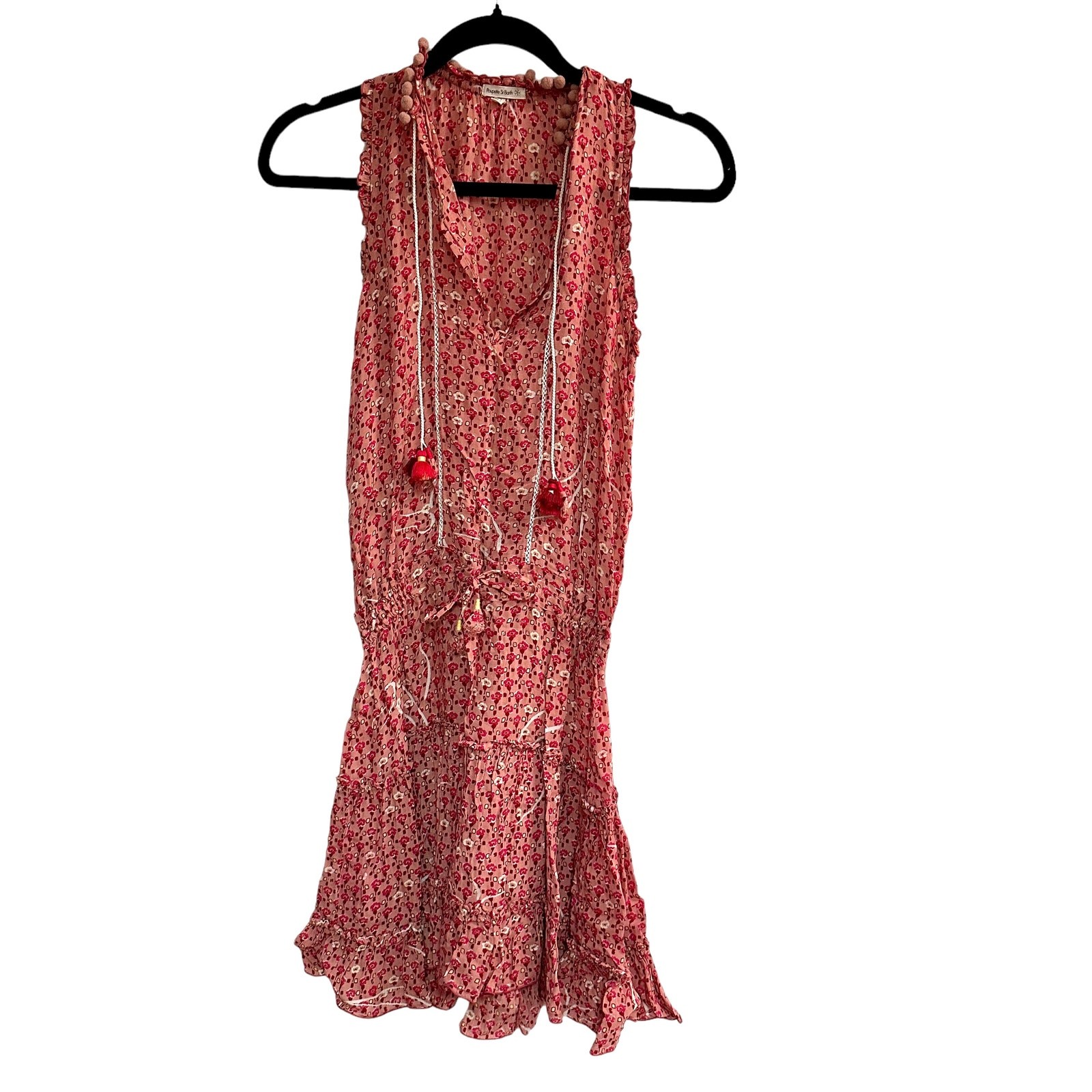 Poupette St Barth Clara Mini Dress Pink Floral Pom Tassel Resort Beach Ruffle XS
