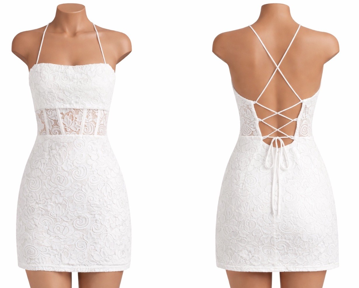 Windsor White Lace Halter Mini Dress Open Back Lace-Up Bodycon NWT Large