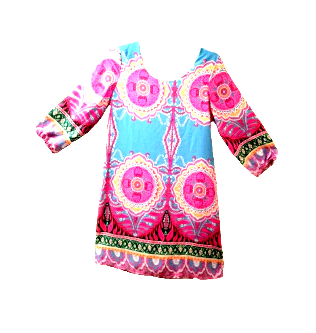 KARLIE Colorful Shift Dress Sz Small Knee Length 3/4 Sleeves Abstract Print