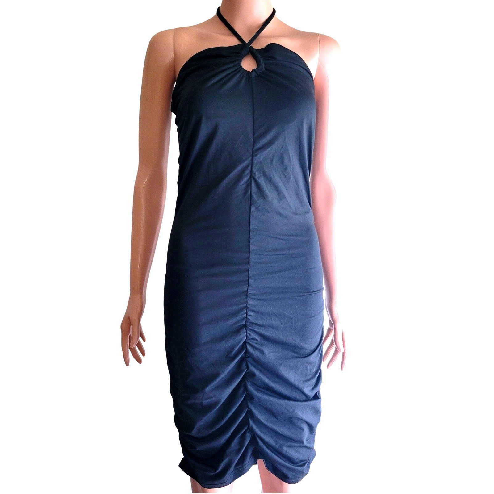 Hotwy Black Bodycon Mini Dress, M, Halter Neck Ruched LBD Sexy Chic Cocktail 90s