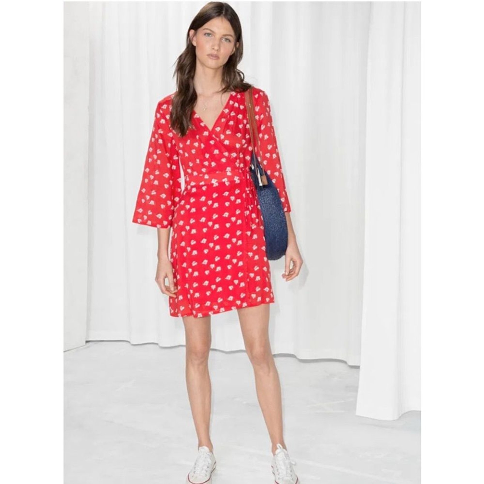 & Other Stories WOMENS US SIZE 4 Red/White Cherry Print Flare Sleeve Wrap Dress