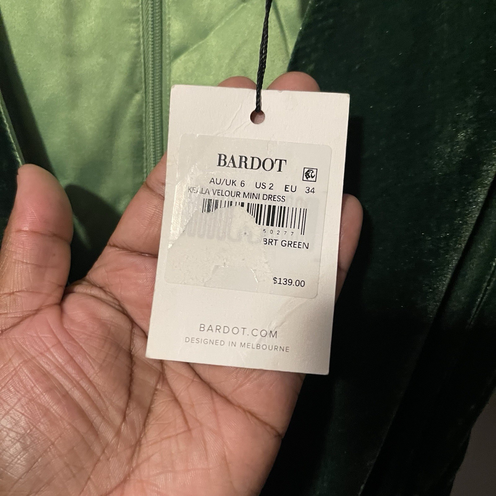 NWT Bardot Keala Velour Wrap Mini Dress Green XS US 2 Long Sleeve Cocktail $139