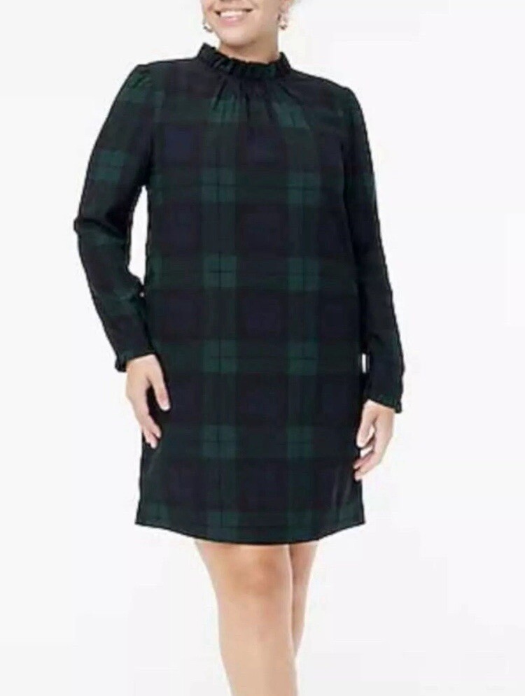 J. Crew Factory Ruffleneck Shift Dress Green & Black Watch Tartan Plaid Size 20