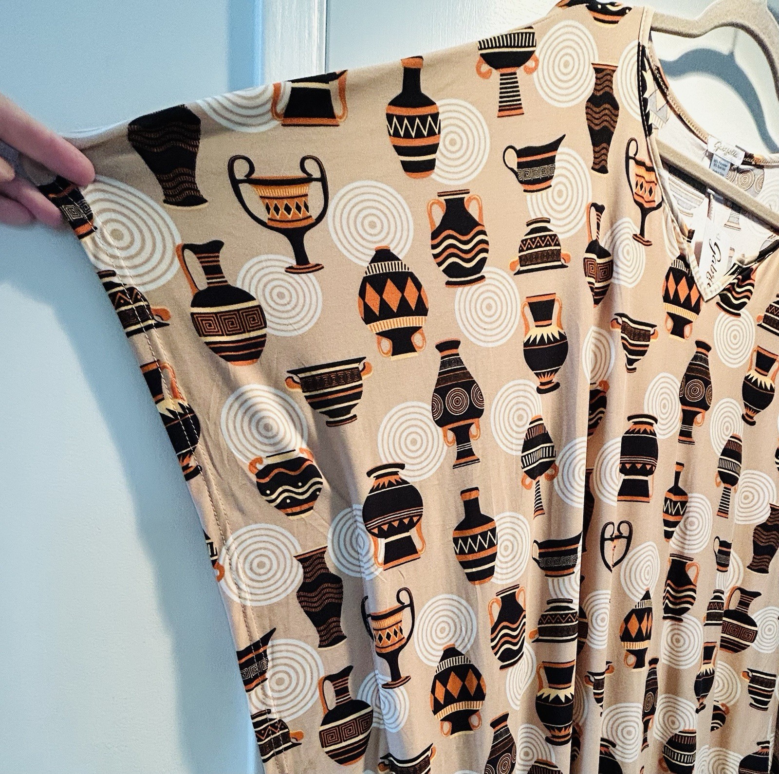 1X/2X/3X New Beige Black White Print Kaftan Knit Beach Cover Dress Nightgown
