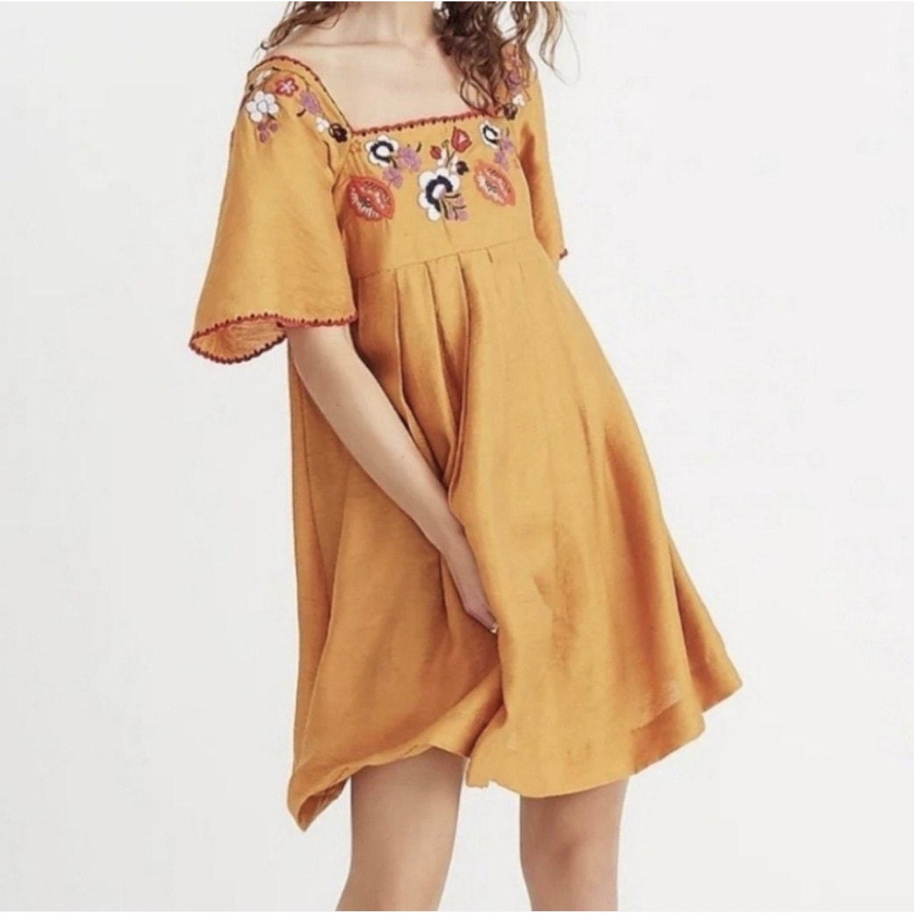 Madewell XS Mexicana Floral Babydoll Embroider Square LINEN Flutter Mini Dress