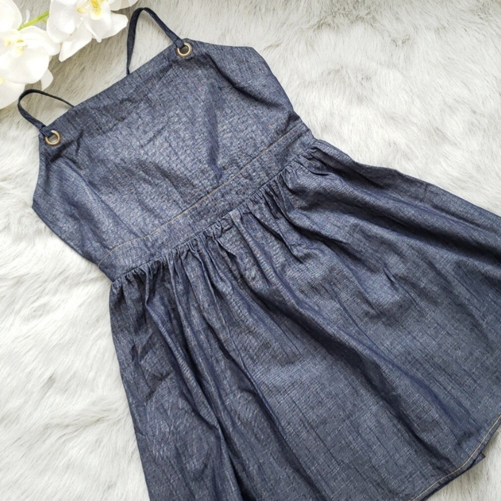 Belle Du Jour Sz S Blue Lightweight Cotton Chambray Fit Flare Apron Dress