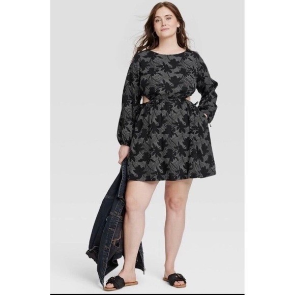 Women’s Balloon Long Sleeve Mini A-Line Dress – Universal Thread Black Floral