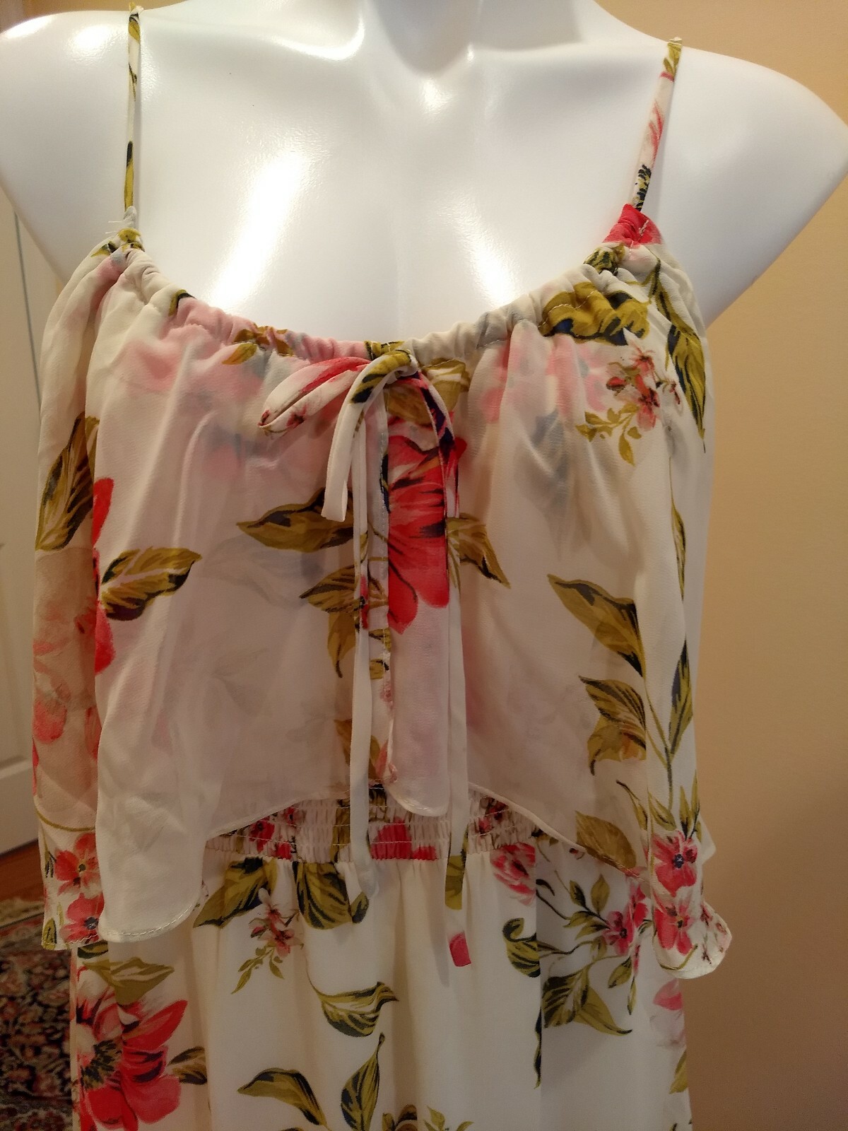 June And Hudson Chiffon Ruffle Maxi Dress Floral Ivory Red Size L Nwt