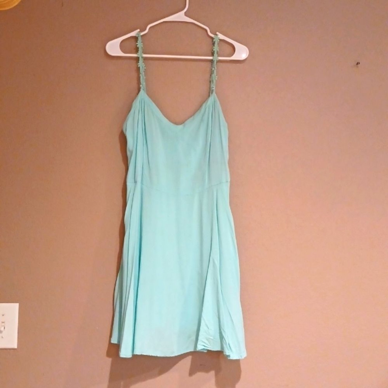 MINT green dress with elastic back and adjustable straps with flowers no liner