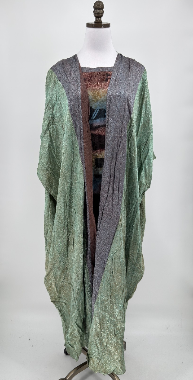Kusnadi Art to Wear Bohemian Green Brown Textured Long Duster Dress NEW
