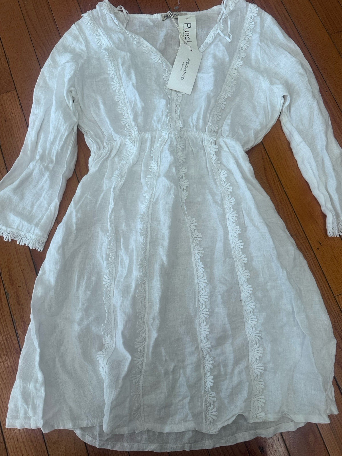 NWT Valentina Naldi S Pure Linen Embellished Dress V Neck 3/4 Sleeve White Italy