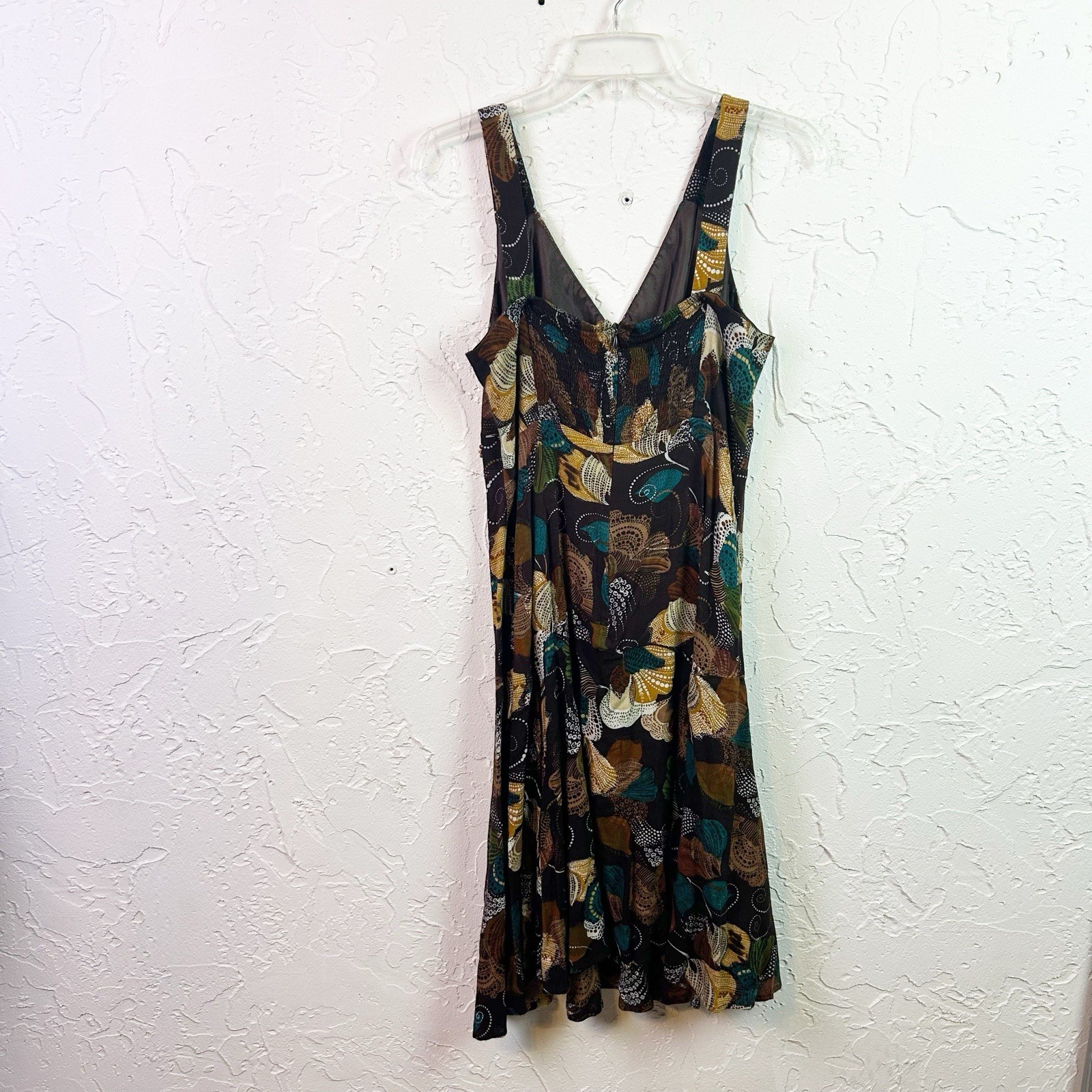Vintage Brown Floral Beaded V-neck Knee Length Dress Size 10 Boho Hippie Fairy