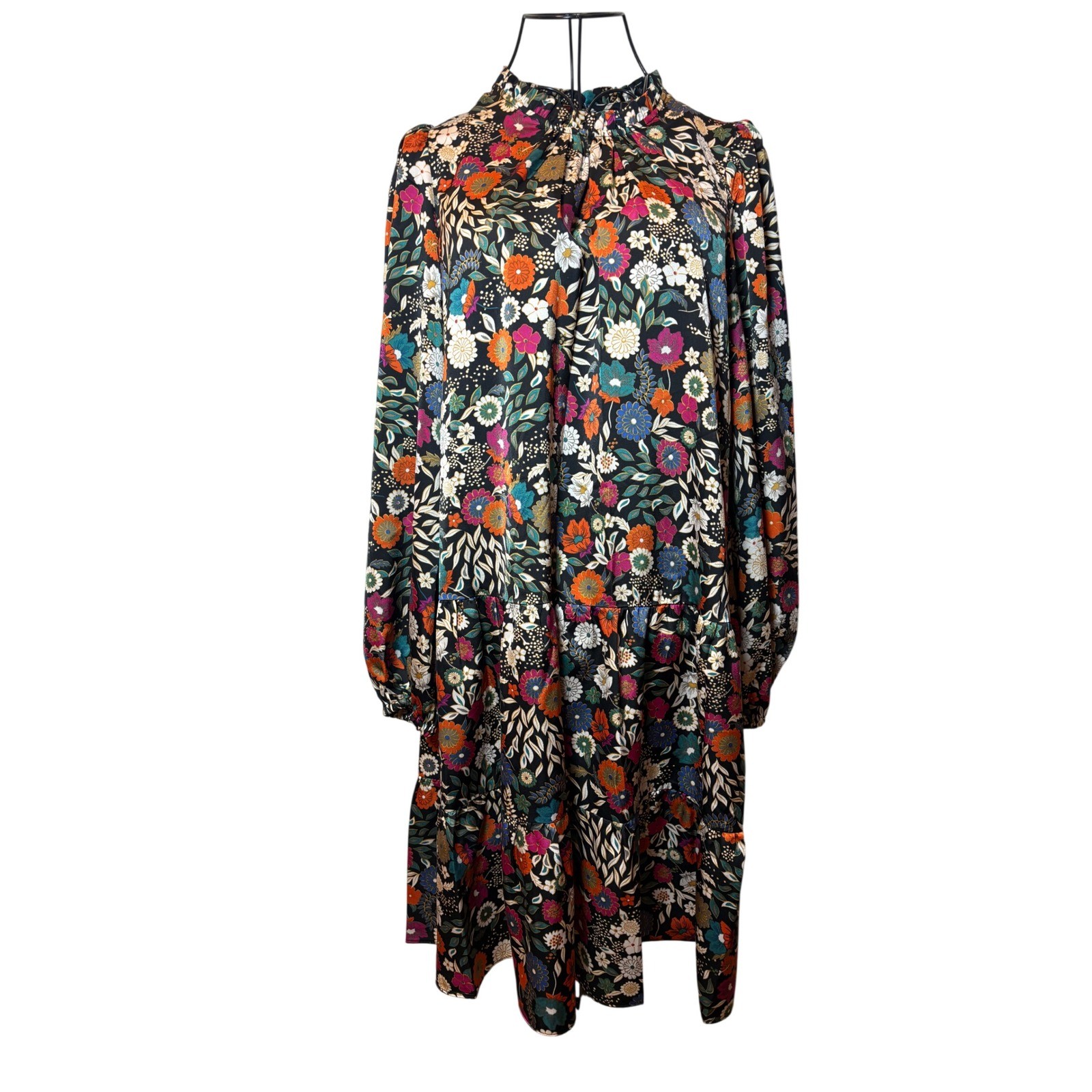 Maia Women Floral High Neck Tiered Shift Dress Long Sleeve Black Multi Size 6