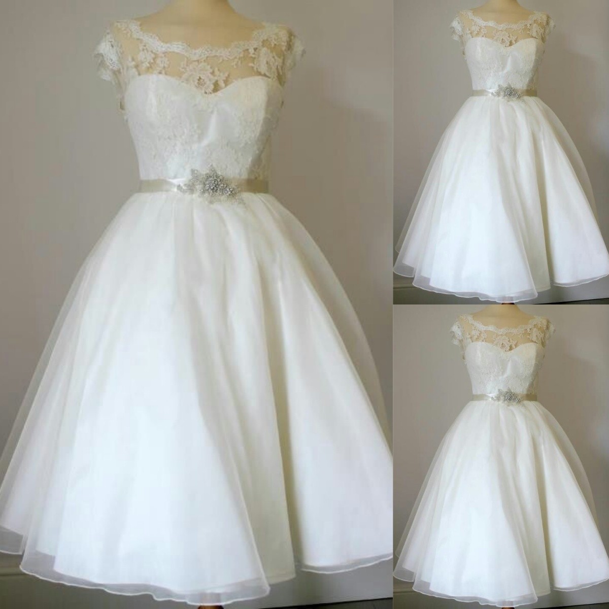Lace Wedding Dress Ivory White A Line with Belt Short Sleeves Mini Bridal Gowns