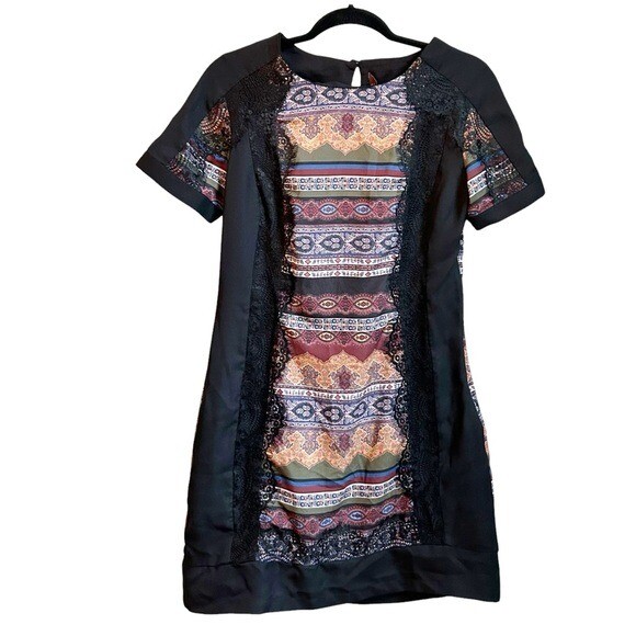 Anthropologie Ranna Gill Short Sleeve Boho Mini Dress Women’s SZ 6 Black Multi