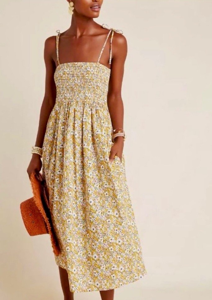 Anthropologie x Frye Alice Smocked Tie Shoulder Summer Dress Women’s Medium