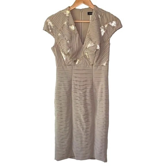 Tadashi Shoji Pleated Layered Chiffon Sequin Cap Sleeve Dress Size 4 Beige