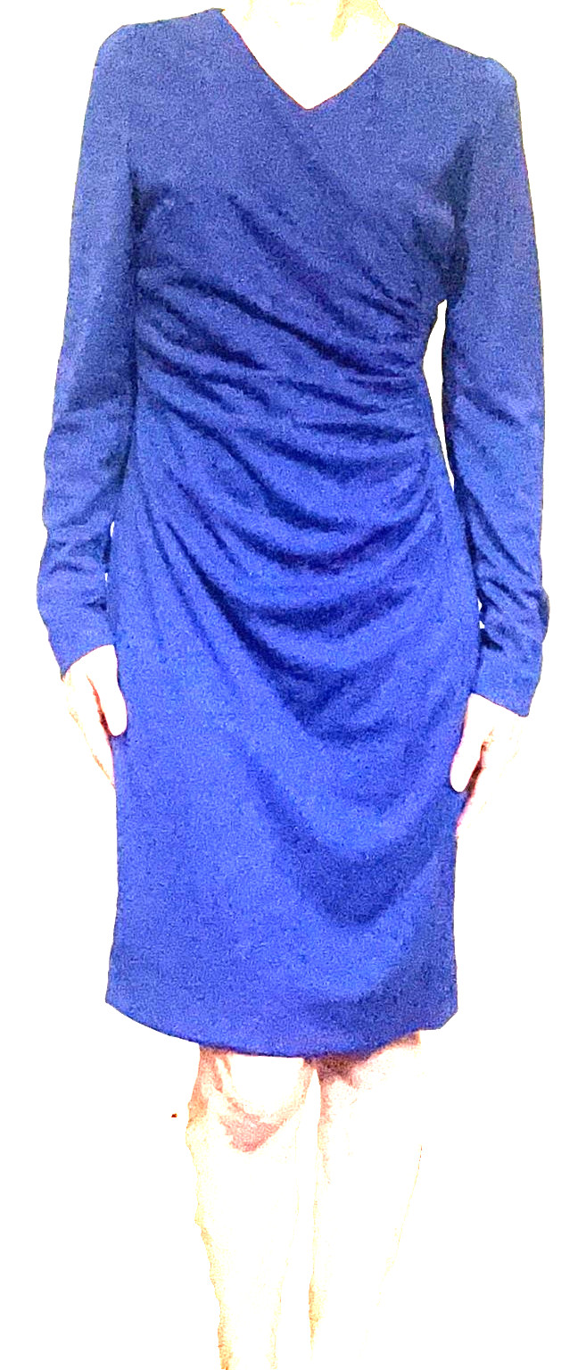 Shesmiss Blue Long Sleeve Polyester V-Neck Ruched Dress Made In Korea, Sz 4 -EUC