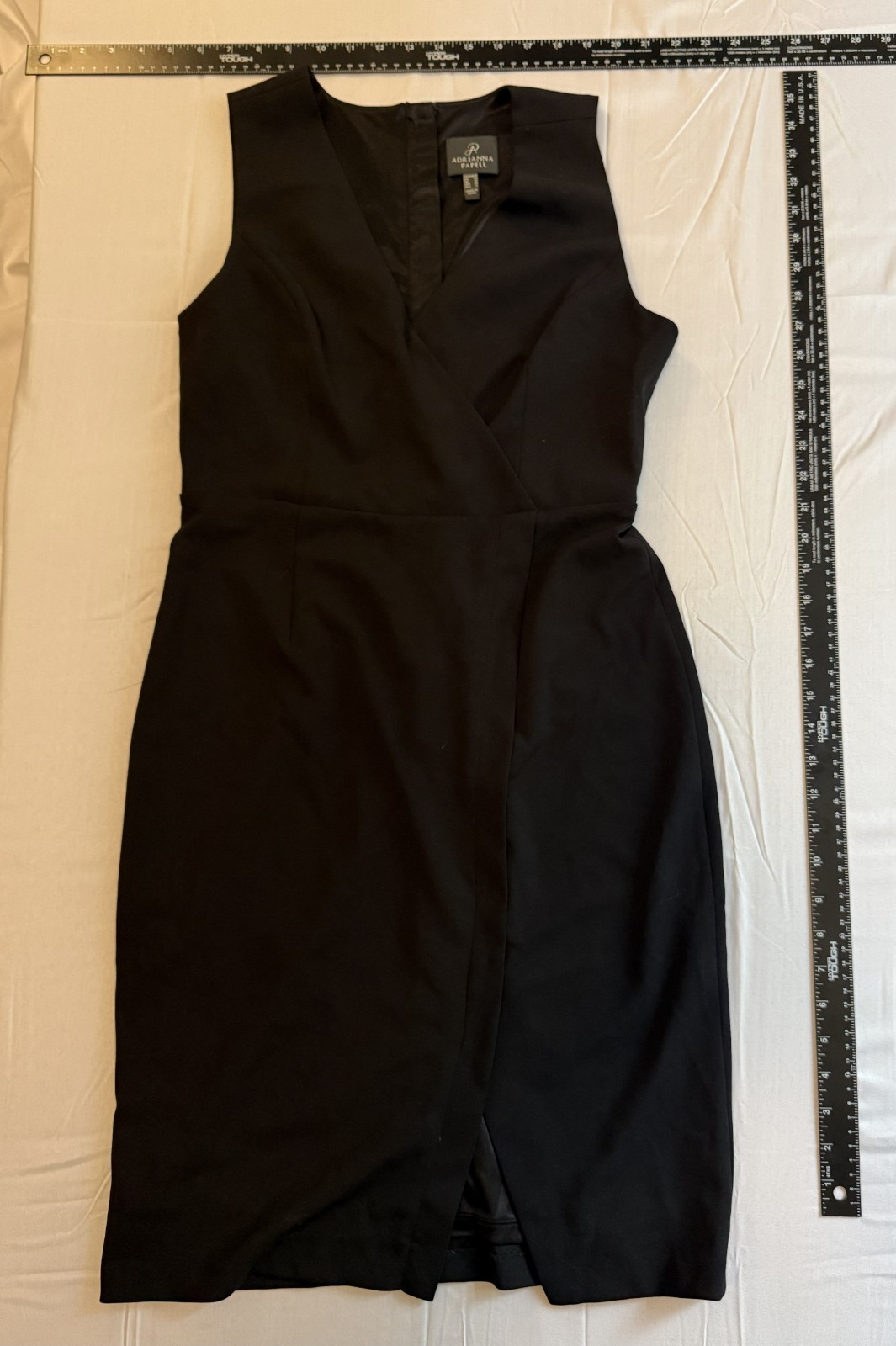 Adrianna Papell Black Sleeveless Wrap Sheath Dress Gold Zipper Back Size 8
