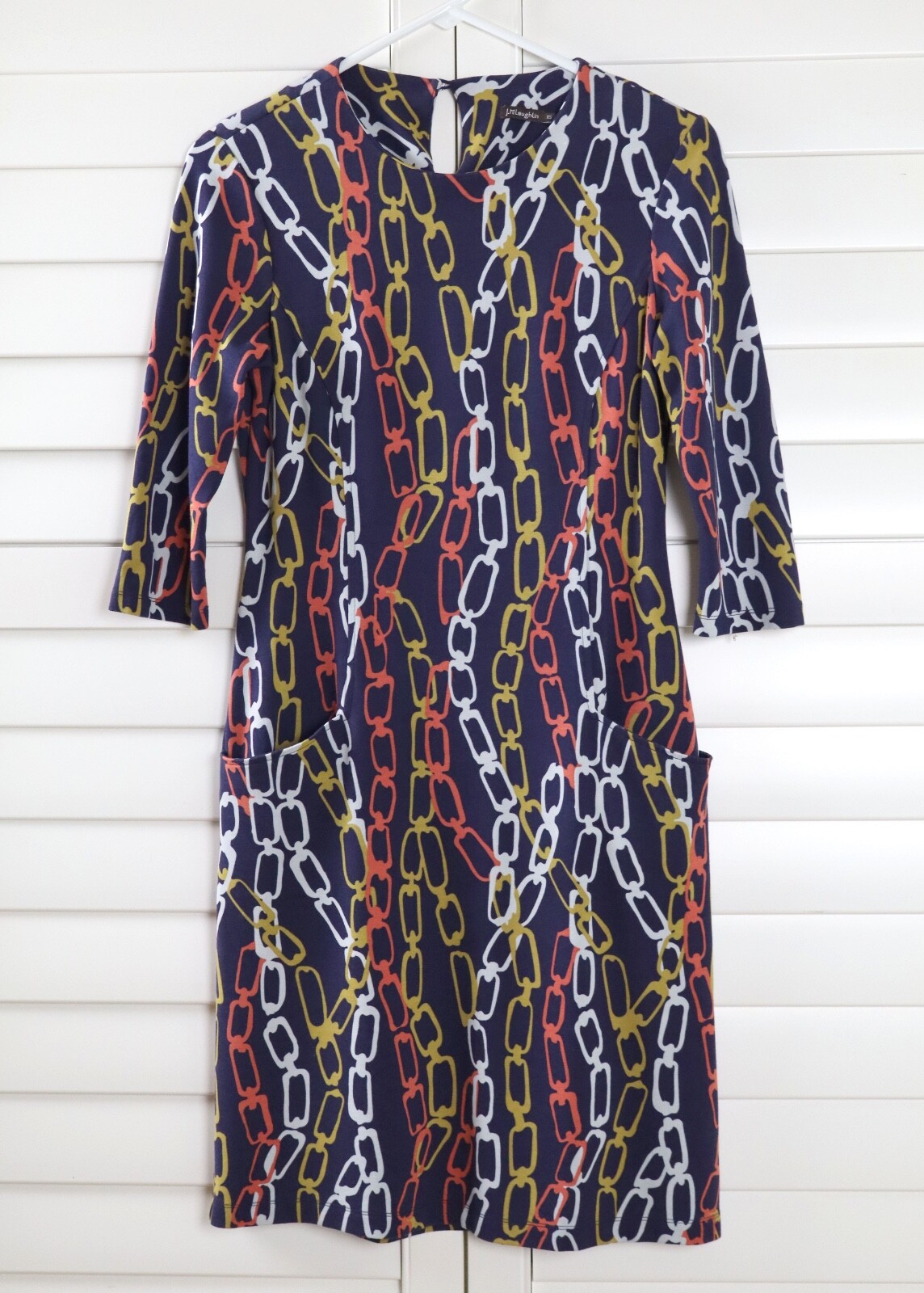 J. MCLAUGHLIN $228 Navy Soft Stretch Rayon Chain Link Print Dress Size XS