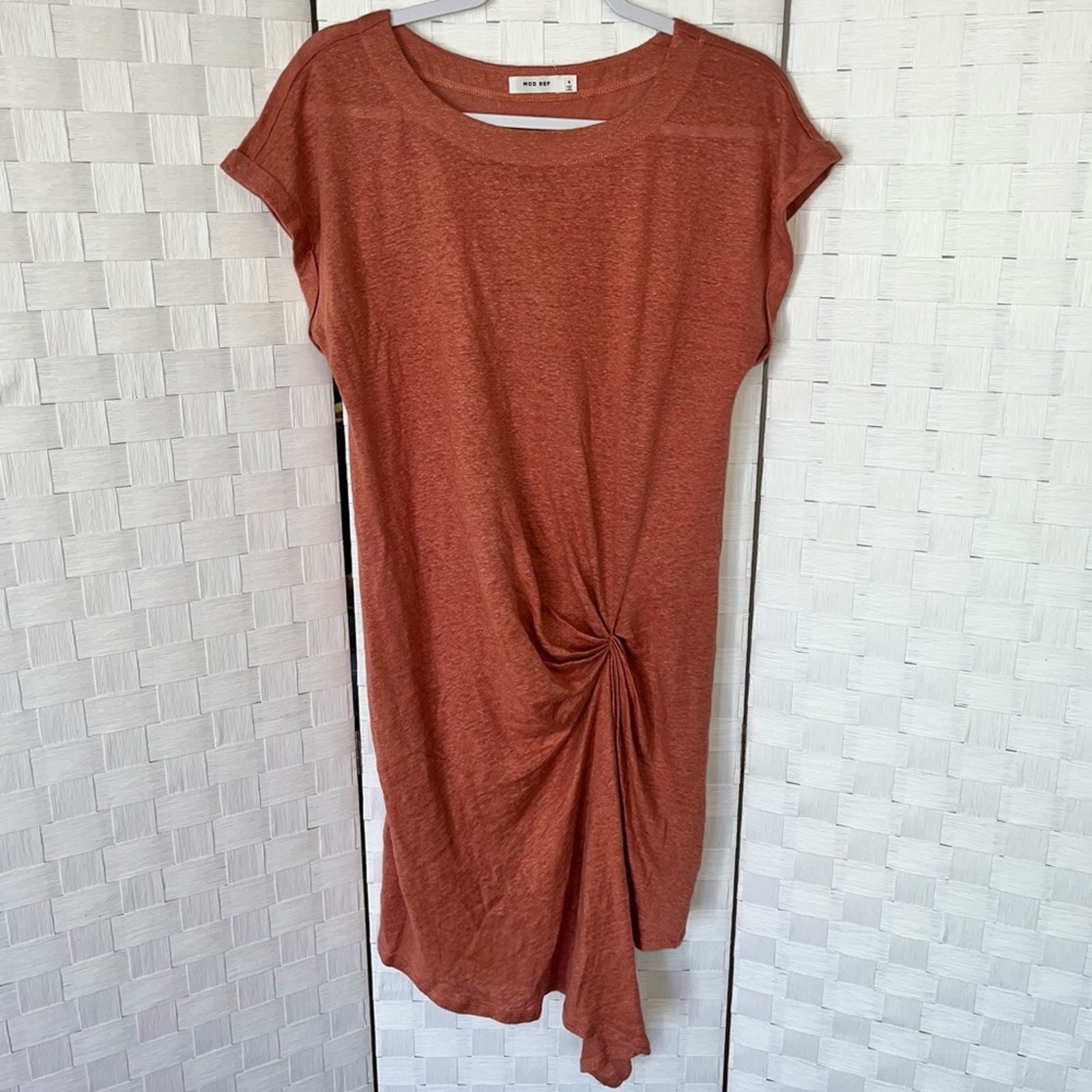 MOD REF 100% Linen Gathered Ruched Asymmetrical Dress Women’s Size Small Salmon