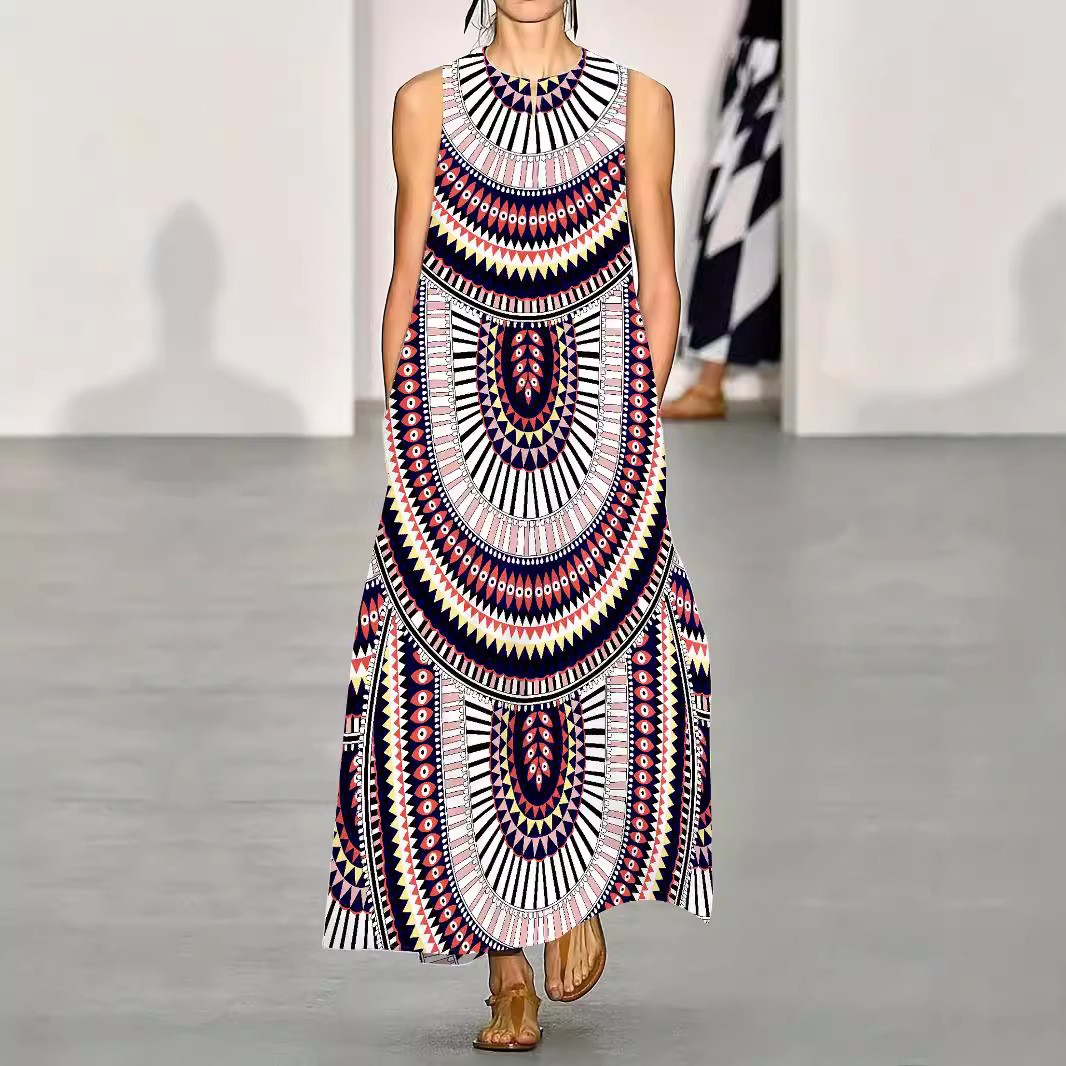 Boho Printed Maxi Dress Women V Neck Sleeveless Summer Casual Long Dress S-5XL