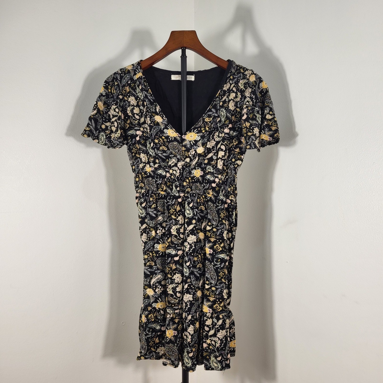 Rewind Womens Black Floral Paisley Smocked Waist Mini Dress Size M