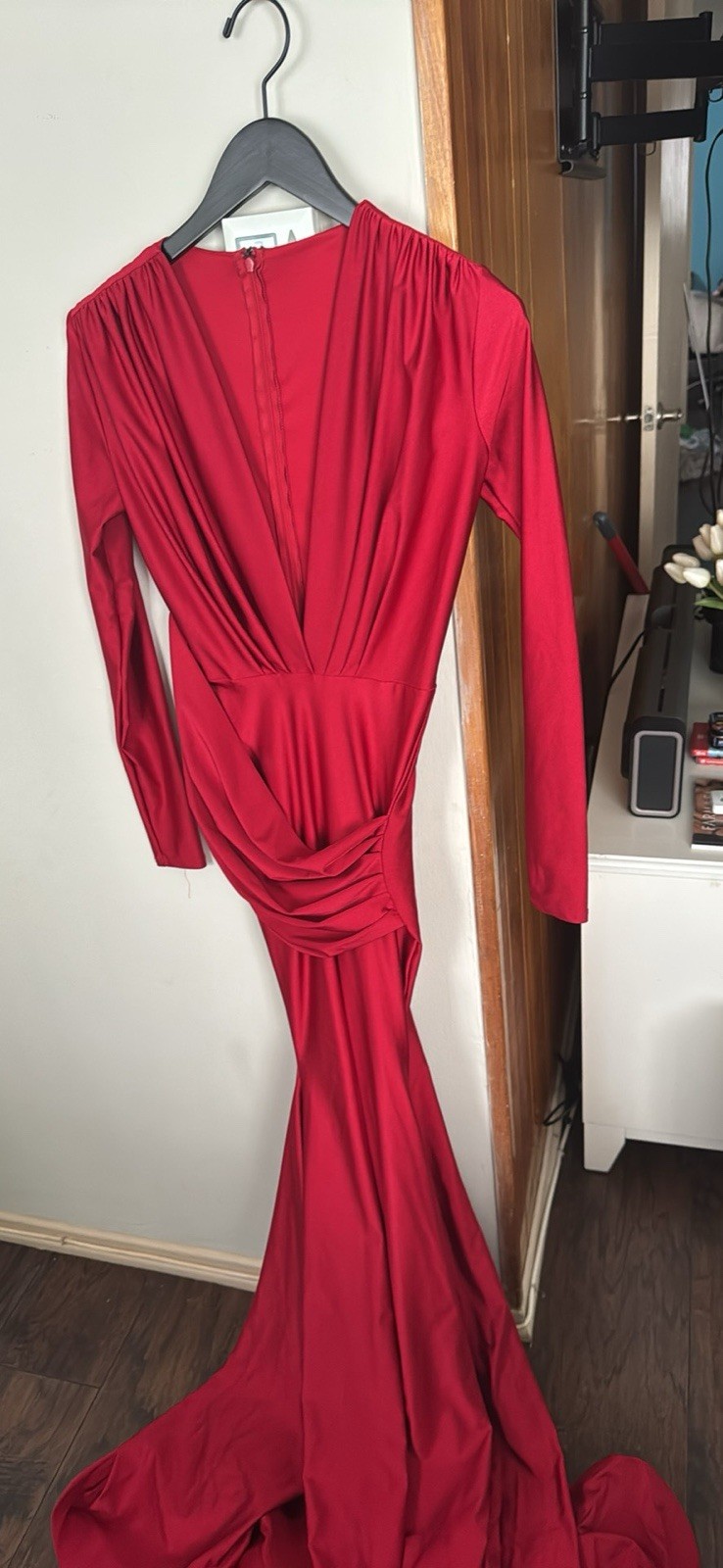 Women’s Red V-Neck Ruched Long Sleeve Long Gown Dress Stretch Jersey S