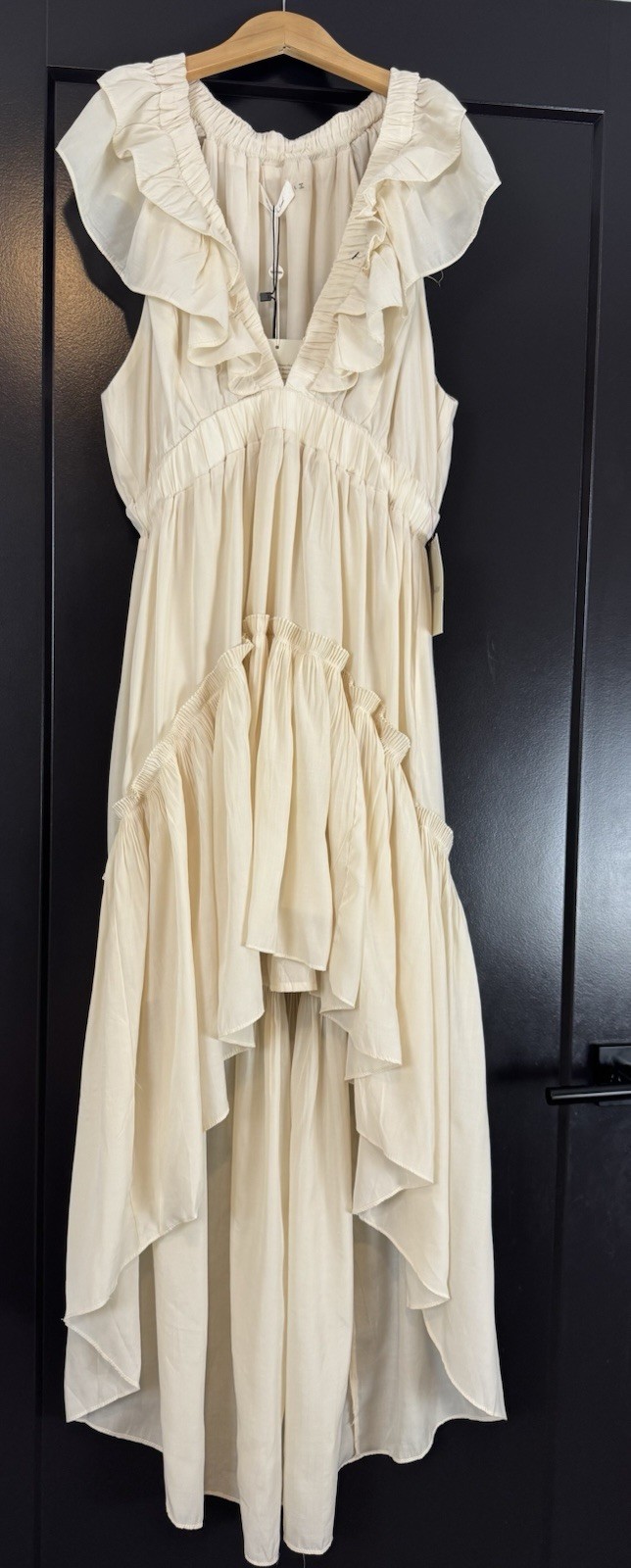 Bohme Mustard Seed Ivory Ruffle Hi Low Maxi Dress Womens L NWT Boho