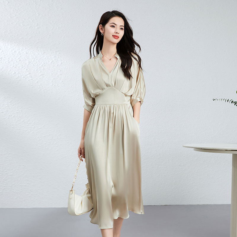 Silk Dress Women’s V-neck Temperament Satin Mulberry Silk A-line Long Dress OL