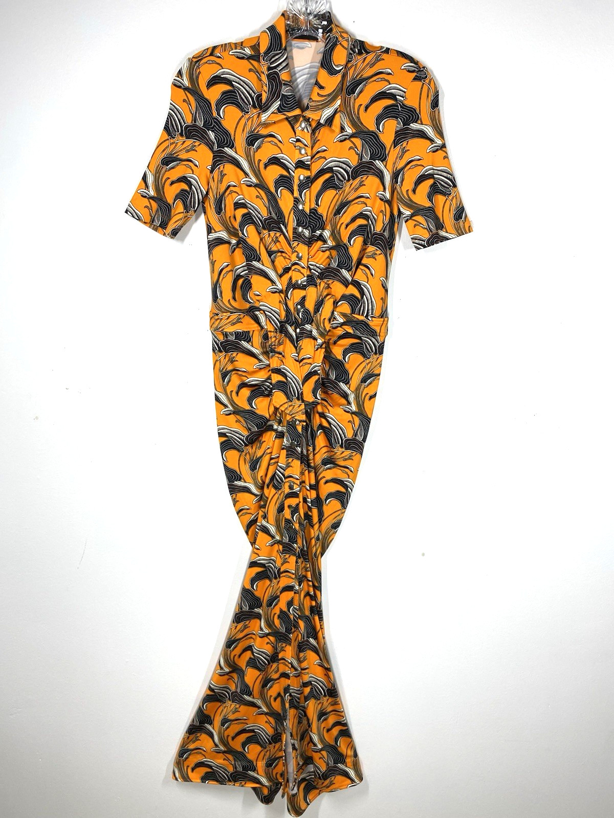 PACO RABANNE Orange Flower Printed Short Sleeve Collared Maxi Dress Size 38 NSC