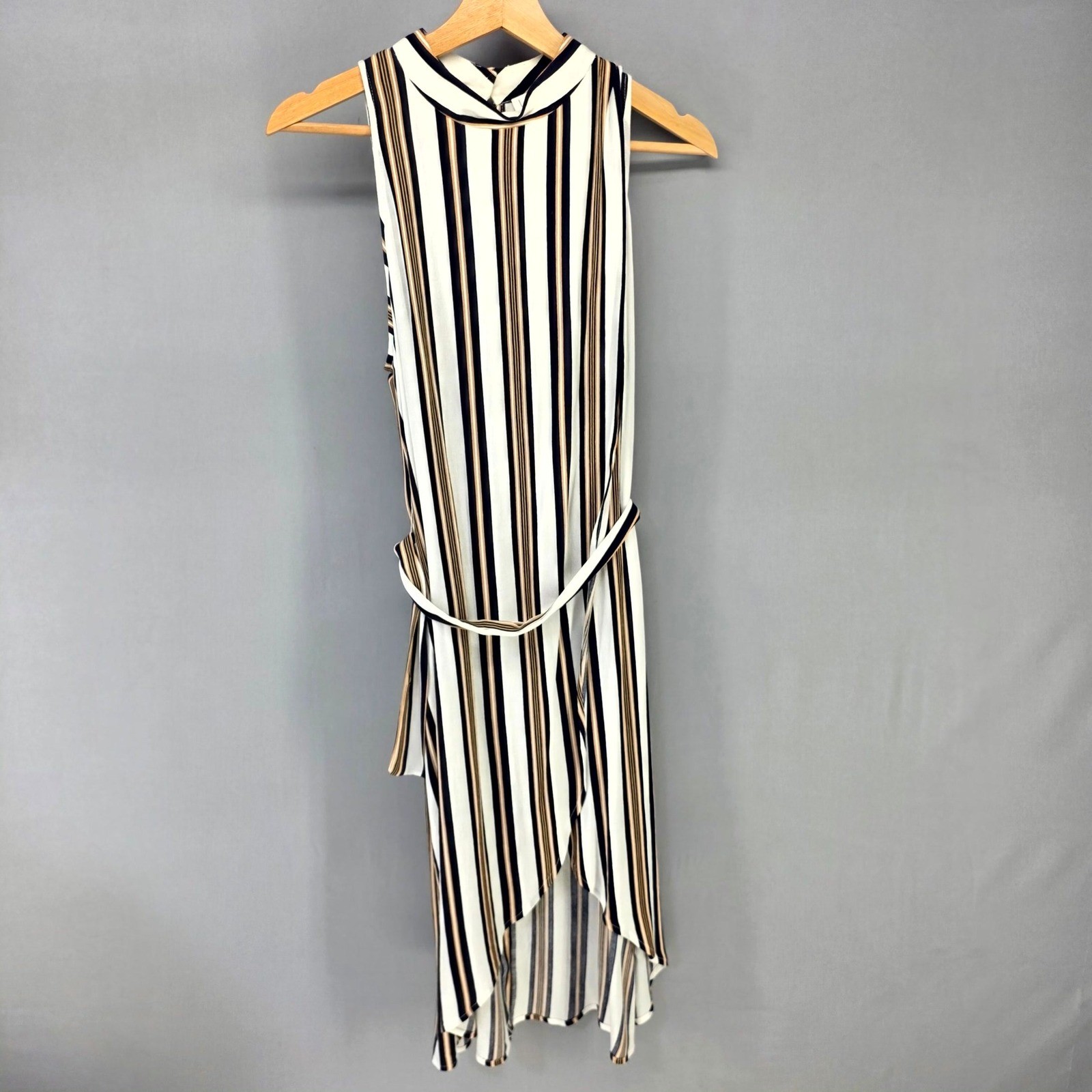 Leith Striped Wrap Midi Dress Womens S White Tan Black Sleeveless High Neck Tie