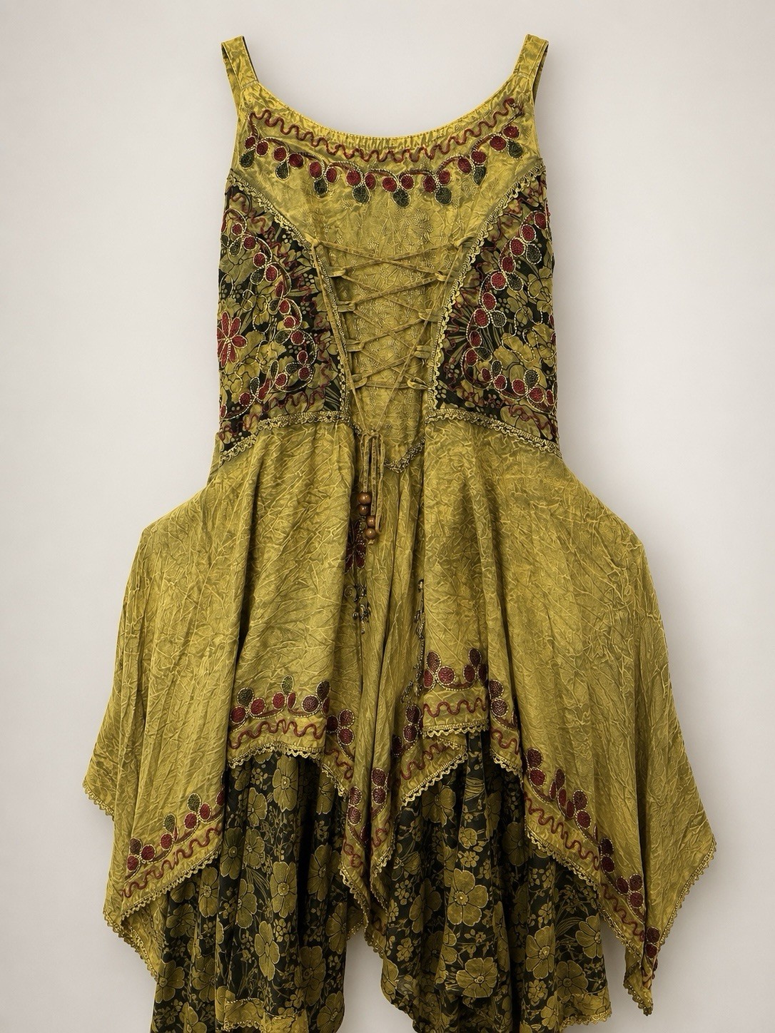 Boho Handkerchief Hem Pixie Dress Embroidered Corset Front Multi Layers NWT