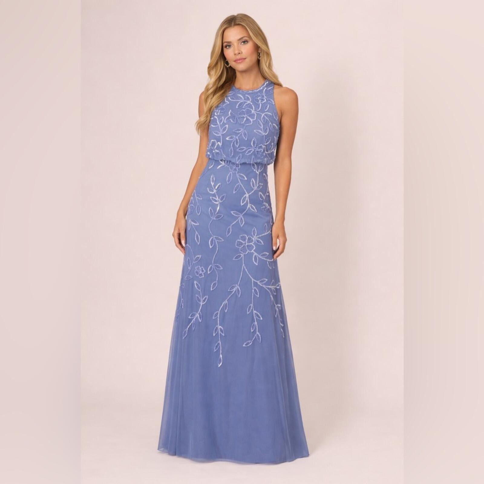 Adrianna Papell Beaded Mesh Gown Blue Floral Formal Bridesmaid SZ 8 NWT Blouson