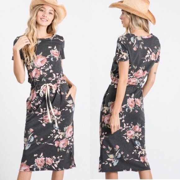 NWOT 7th Ray Faded Black Floral Drawstring Casual Dress Sz Small