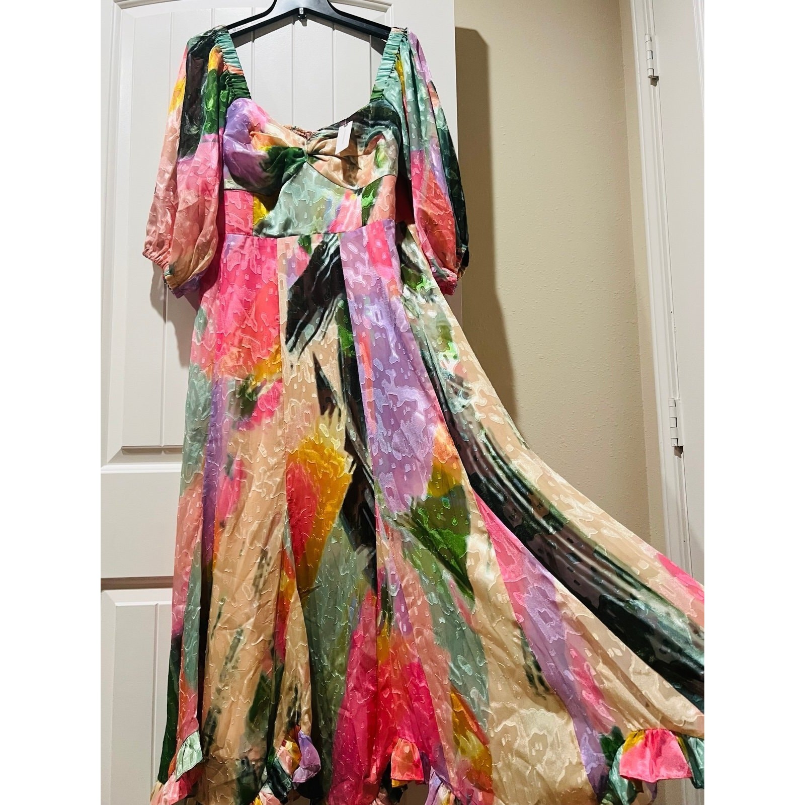 NWT❤️Anthro Hutch Printed Twist-Front Puff-Sleeve Ruffle-Hem Dress szL
