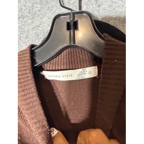 Altar’d State Brown Ribbed Knit Long Sleeve Mini Dress Small Side Slit Crew Neck