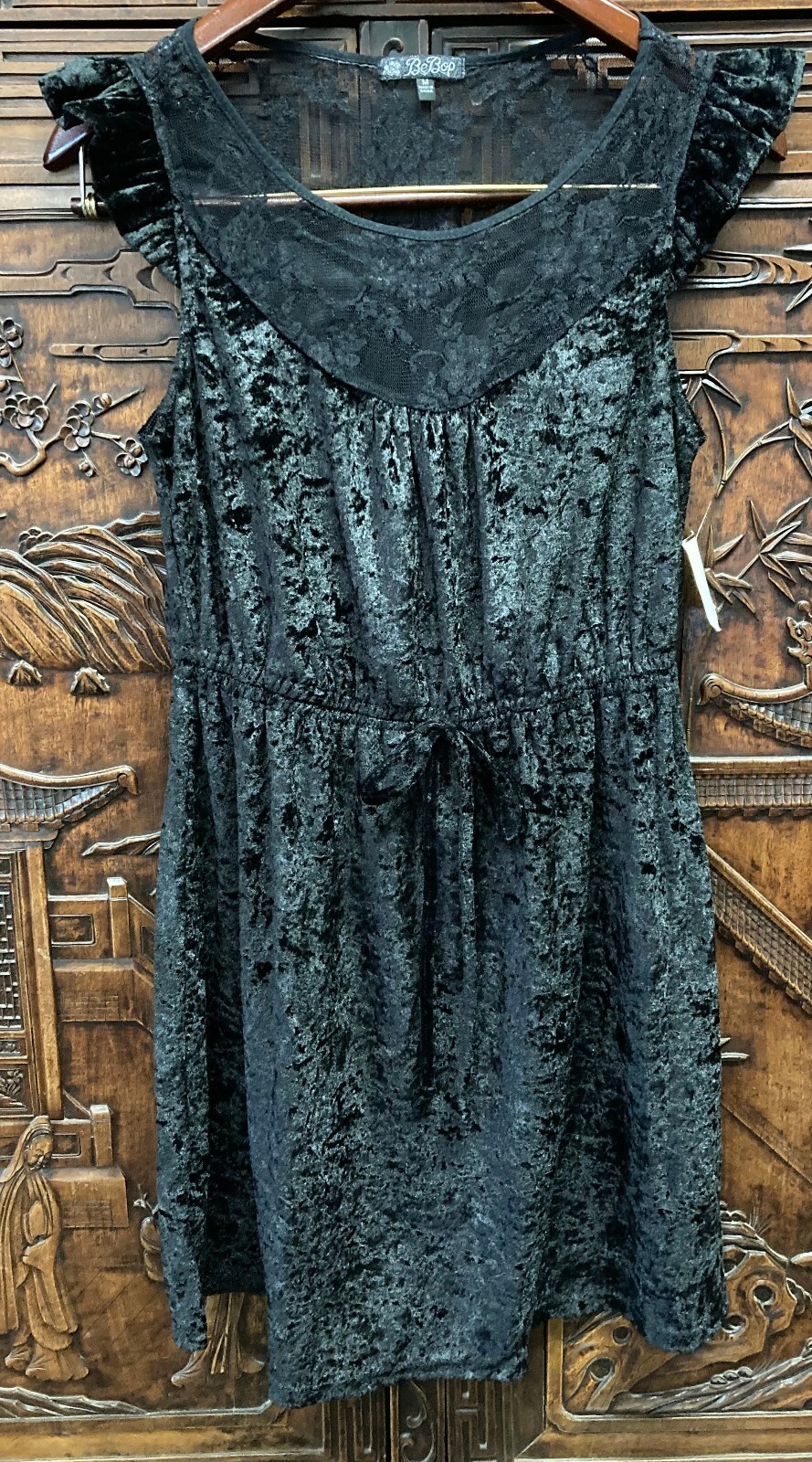 New Be Bop Junior Scoop Neck Ruffle Lace Velvet Dress, Black, Medium