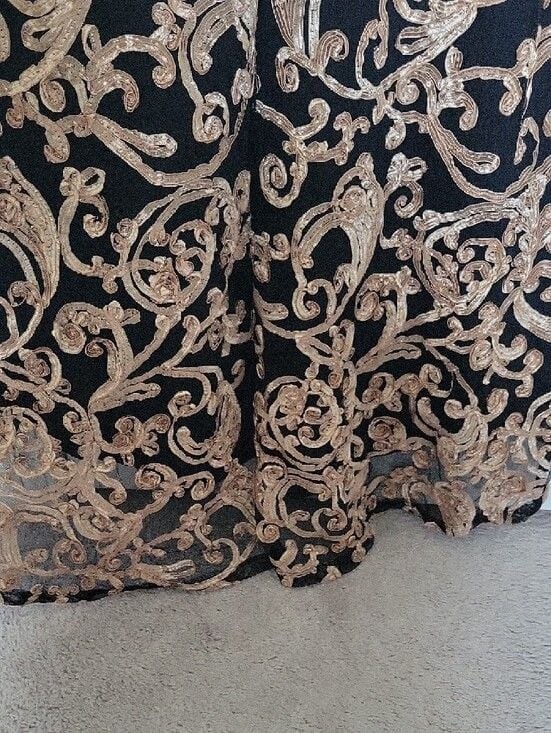 Connected Apparel Black Gold Embroidered Mesh Cocktail Dress Size 10