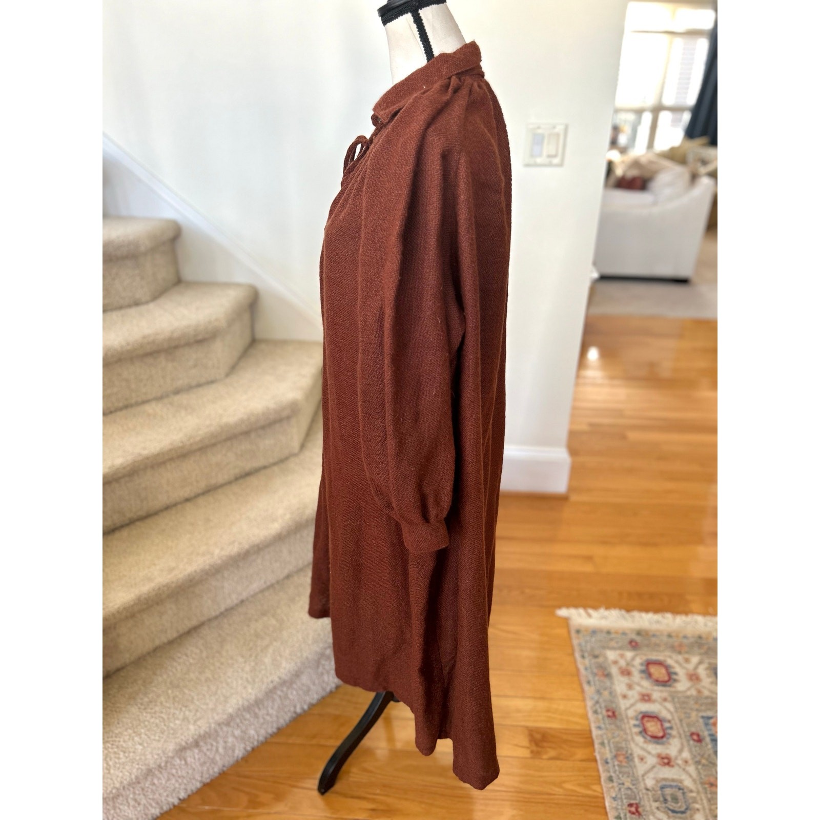 Vintage 60s Saks Fifth Brown Cashmere Wool Loose Peasant Long Sleeve Midi Dress