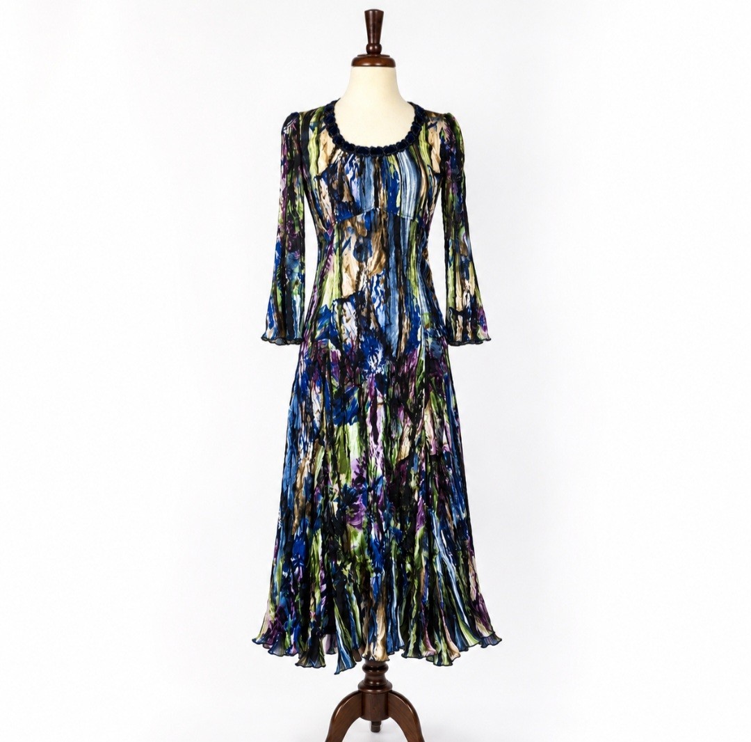 NWT Alberto Makali Pleated Midi Dress M Blue Green Abstract Beaded Velvet Trim
