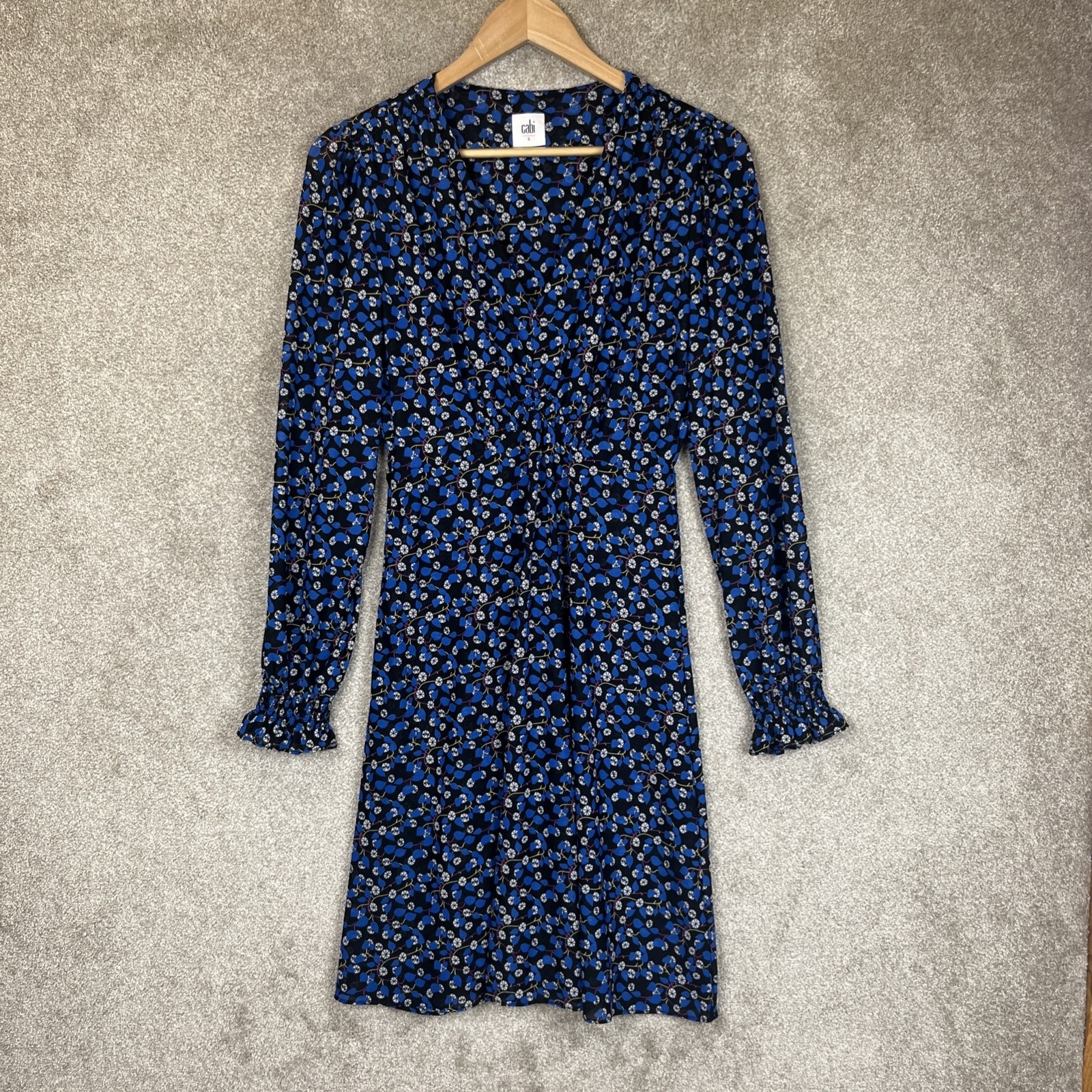 Cabi Dress Womens Small Blue Black Floral Long Sleeve Ruched Boho Fall- 3591