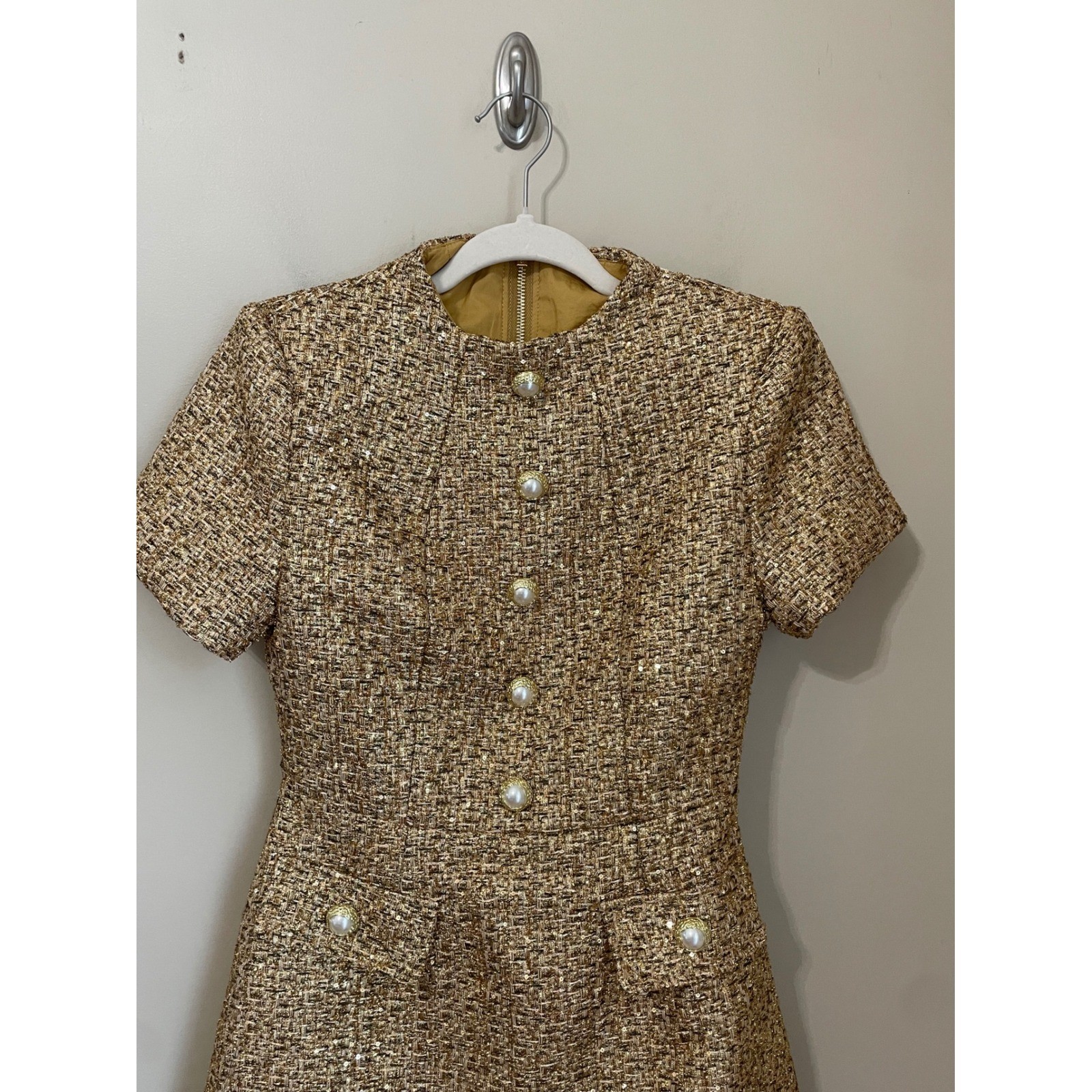 Miss Rosier Size S Arna Gold Metallic Tweed Mini Dress Short Sleeve
