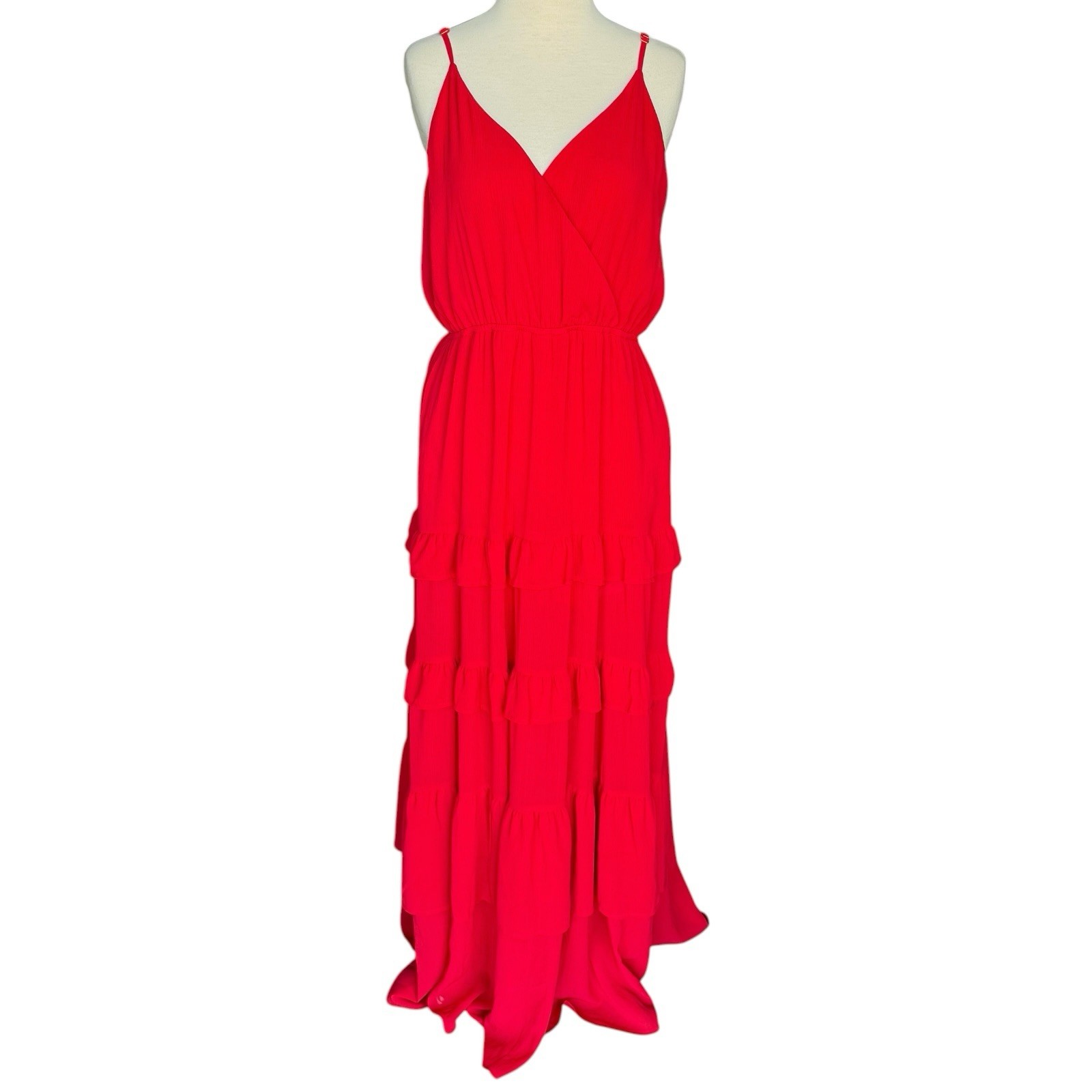 FLYING TOMATO Red Tiered Ruffled Maxi Dress Adjustable Straps V-Neck Large READ!