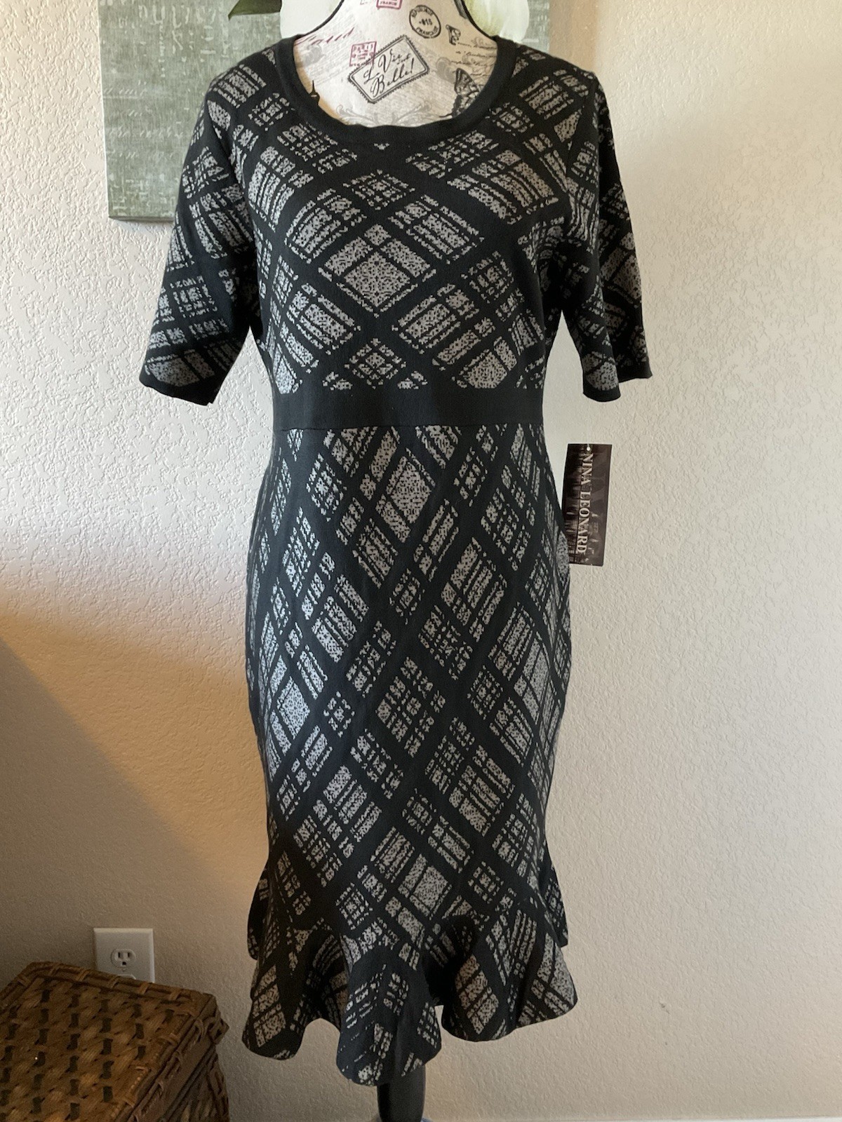 Nina Leonard Womens Size L Black Gray Geometric Knit Sheath 3/4 Sleeve Dress