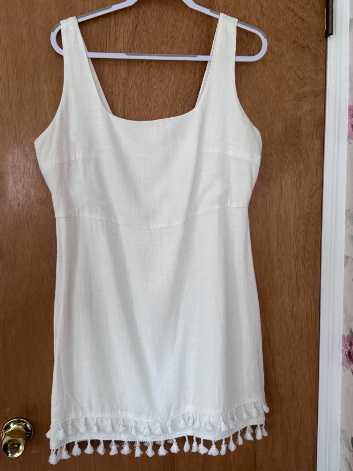 BLUSH MARK Women’s White Tiered Tassel Mini Dress with Square Neckline- Sz. 1X