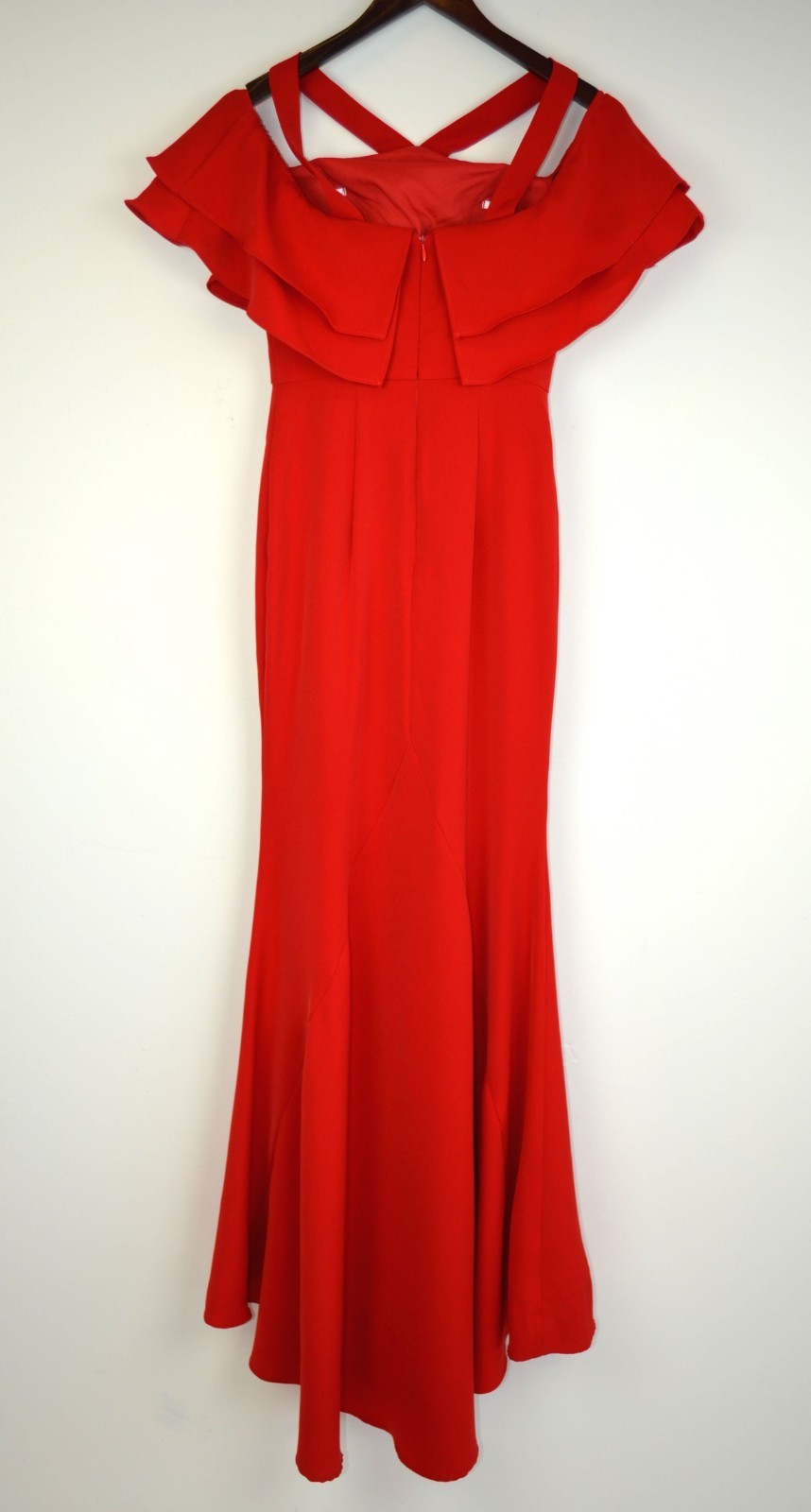 JARLO Red Ruffle Drape Overlay Halter Cold Shoulder Stretch Maxi Gown 2 = XS NEW